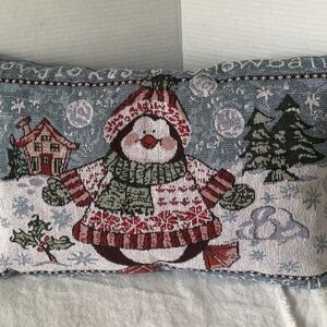 Red and Green Holiday Pillow with Snowman Design